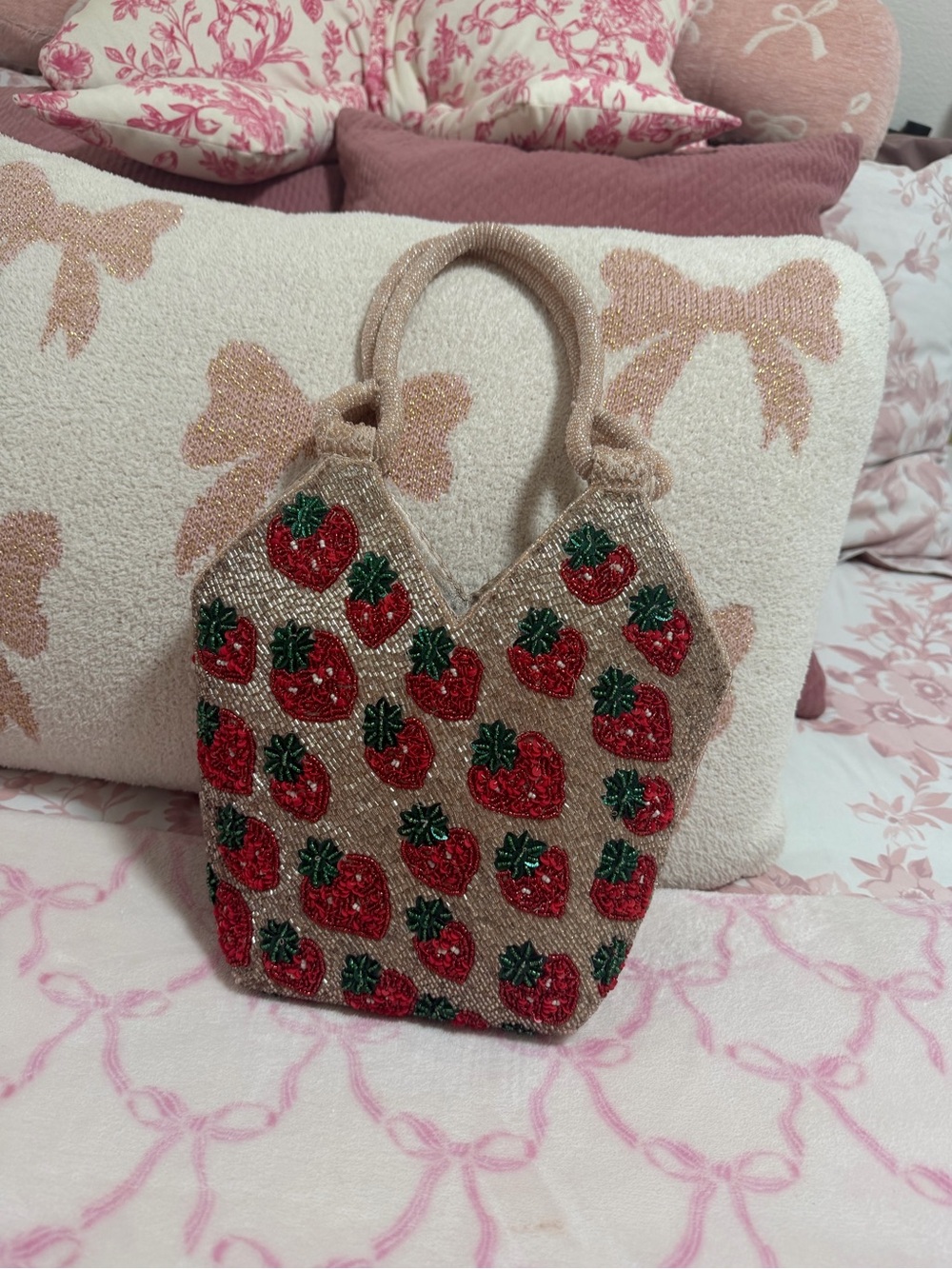 Beaded Strawberry Pattern Tote Bag in Beige